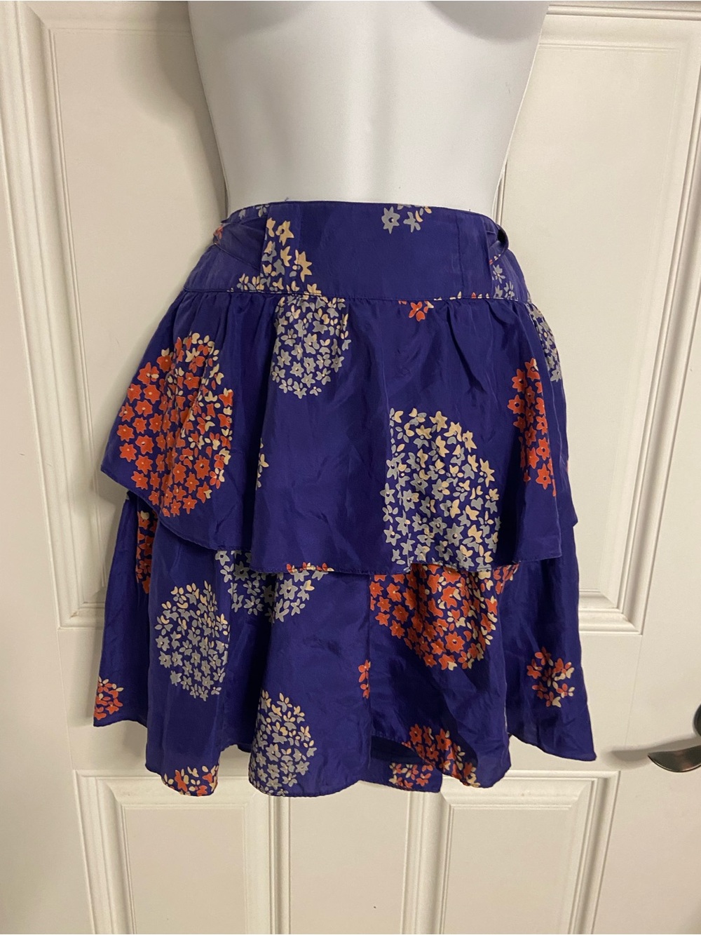 ODILLE Purple-Blue FELICIA Floral Belted SILK Skirt